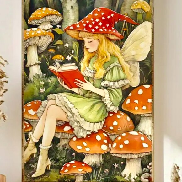 Whimsical Fantasy Enchanted Forest Mushroom Fairy Reading Book Canvas Art Print - Picture 1 of 3